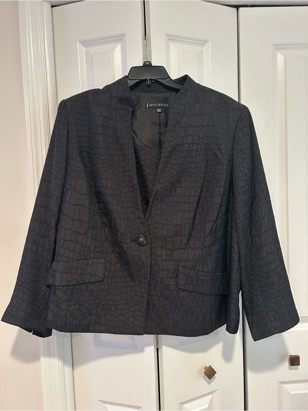 Nipon Boutique Black Textured Single-Button Blazer with Matching Shell.